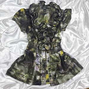 y2k BCX Peplum Blouse Green Purple Excellent Ruffle Smocked Waist Top XS